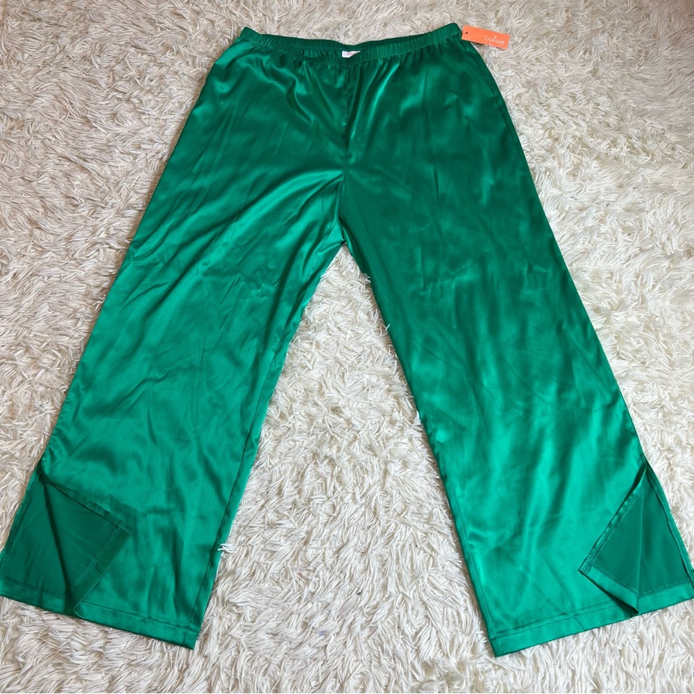 Colsie Women Green Satin Pajama Pants Size XL Pant Leg Hem Slits Stretch Waist